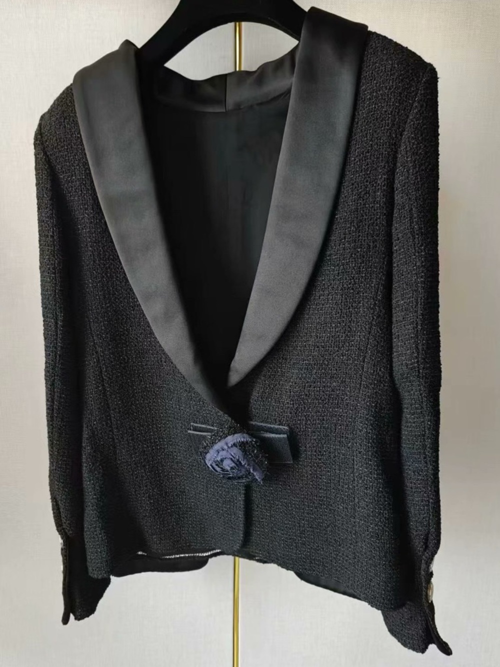 Authentic CHANEL Black Tweed Blazer with Satin Shawl Collar